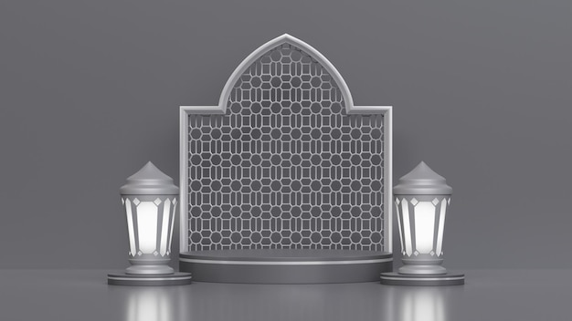Een spandoek voor ramadan met lantaarns en arabische tekst.