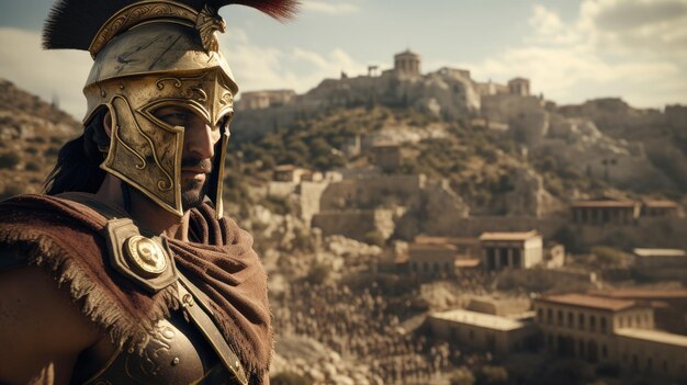 Foto een spartaanse krijger in een magere pose te midden van de oude architectuur van athene