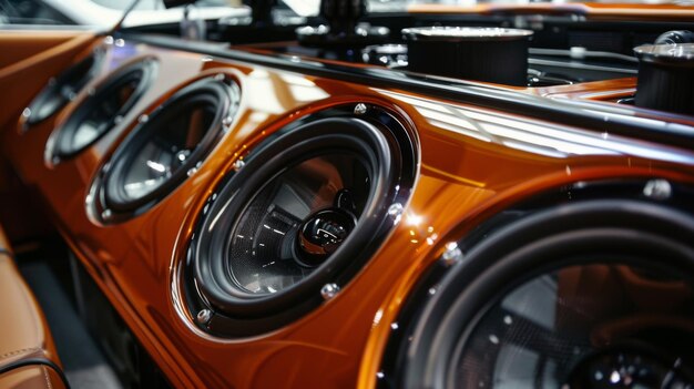 Een specialist in auto-audio-installatie die een reeks aangepaste luidsprekerkasten toont die zijn ontworpen voor verschillende voertuigmodellen