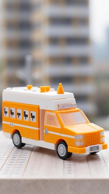 een speelgoed oranje en wit busje met het woord ambulance aan de zijkant