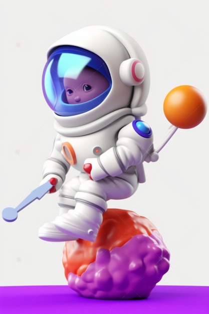 Een speelgoedastronaut zit op een brein met een paarse bal op zijn kop.