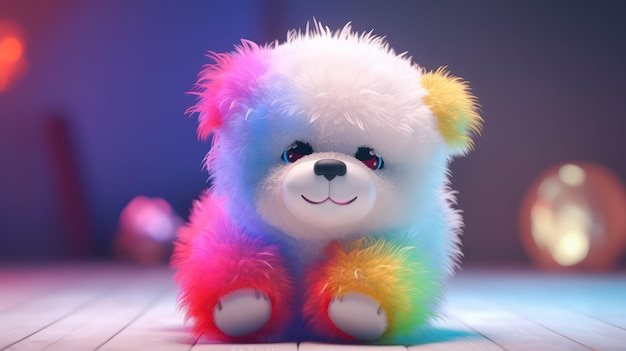 Een speelgoedbeer met regenboogvacht zit op een witte vloer.