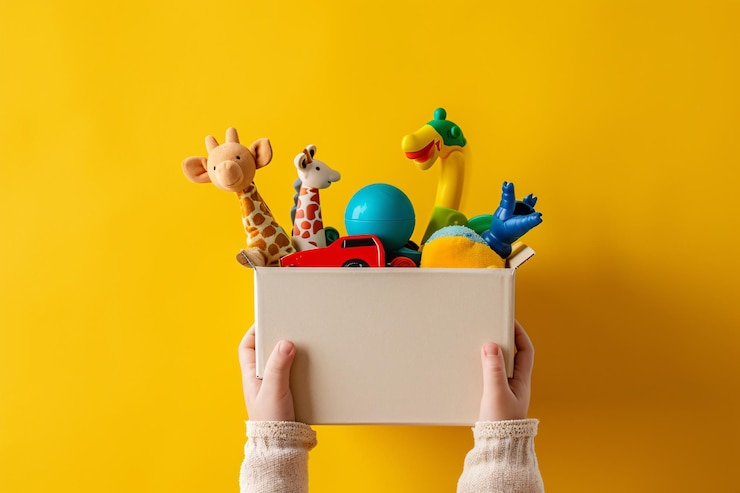 Foto een speelgoeddoos voor kinderen vol met verschillende speelgoedjes