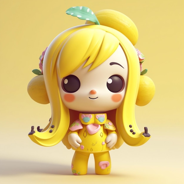 Een speelgoedfiguur van een bananenmeisje met geel haar en een banaan op haar hoofd.