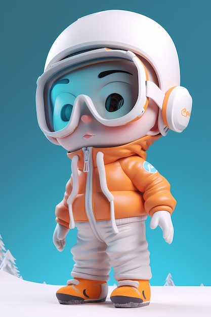 Een speelgoedfiguur van een persoon die een oranje hoodie draagt met het woord sneeuw erop.