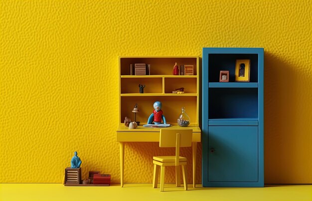 een speelgoedfiguur zit aan een bureau met een geel behang
