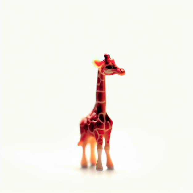 Een speelgoedgiraffe met het woord giraffe erop