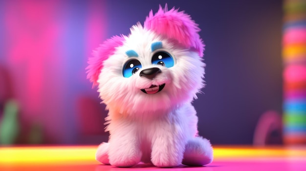 Een speelgoedhond met blauwe ogen en roze neus zit op een kleurrijk podium.