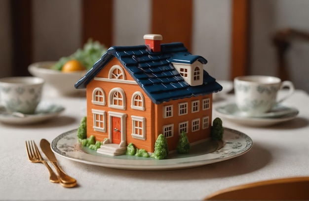 Foto een speelgoedhuis op een bord is als een schotel op een eettafel.