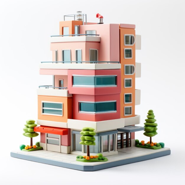 Een speelgoedmodel van een gebouw met bomen en struiken Realistisch clipart op witte achtergrond