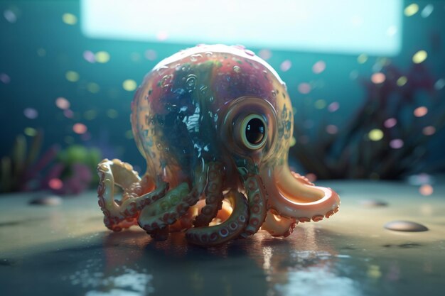 Een speelgoedoctopus met een regenboogkleurig lichaam zit op een tafel.