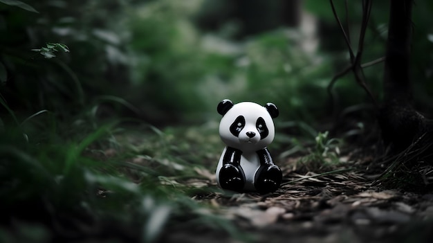 Een speelgoedpanda zit in het bos met een groene achtergrond