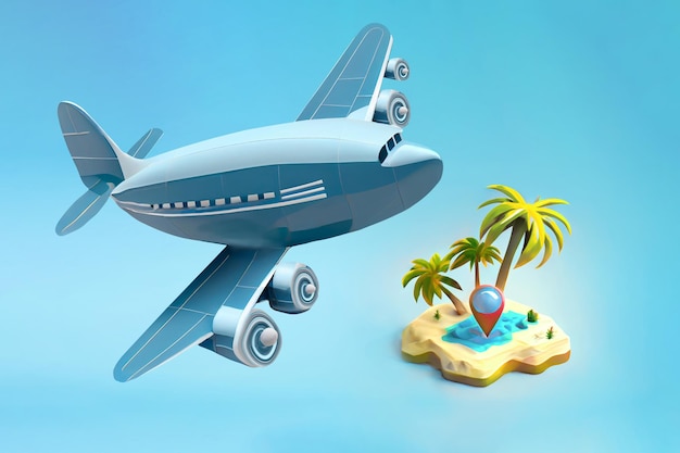 Een speelgoedpassagiersvliegtuig vliegt tegen de blauwe lucht naar een tropisch eilandparadijs 3D-beeldcartoon