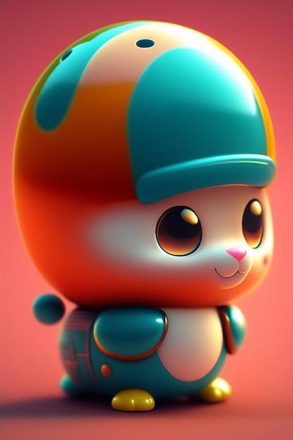 Een speelgoedrobot met een blauwe helm en een rode achtergrond.