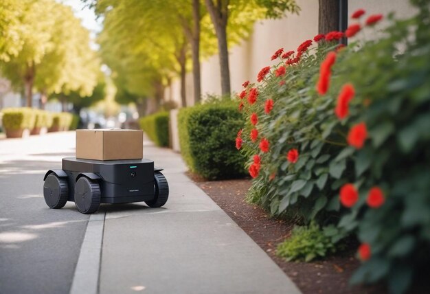 Een speelgoedrobot zit op de stoep voor een paar bloemen.