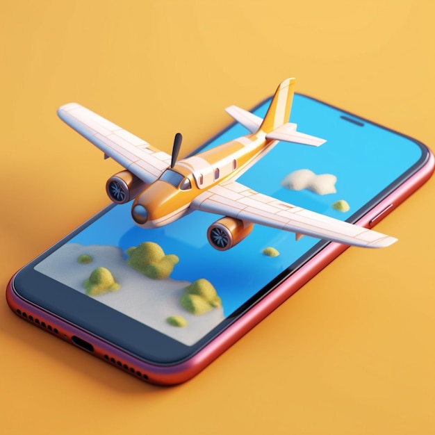 Een speelgoedvliegtuig vliegt over een telefoonscherm.
