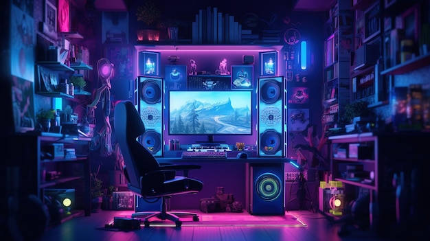 Een speelkamer met een computer en een toetsenbord