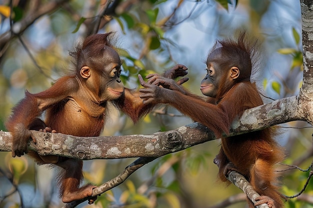 Een speels duo van orang-oetans bezig met een spel van t generatieve ai