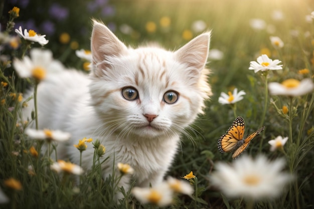 Een speels kitten met zachte witte vacht en een ondeugende glinster in zijn oog die een vlinder achtervolgt