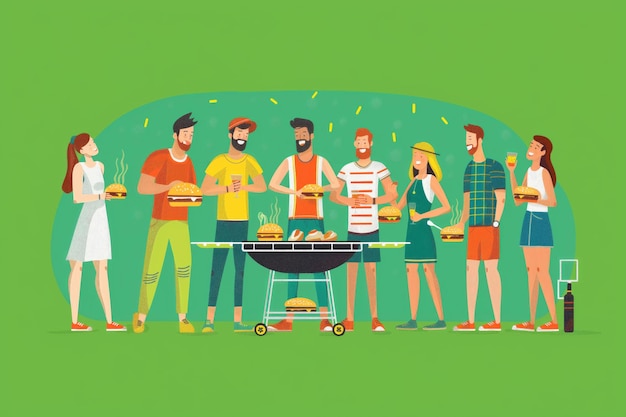 Foto een speelse 2d cartoon illustratie van vrienden verzameld rond een barbecue grill koken burgers