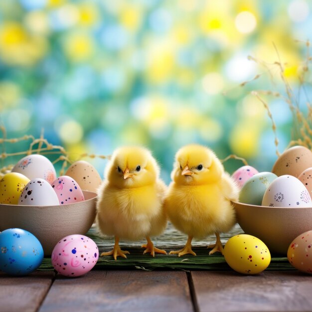 Een speelse achtergrond met felgele paaskuikens en kleurrijke eieren