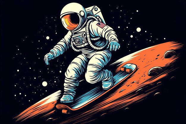 Een speelse astronaut die op een skateboard rijdt op het oppervlak van de maan