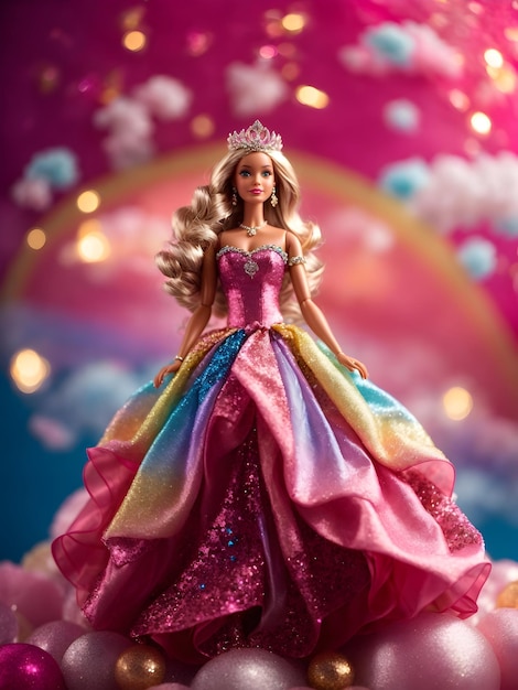 Een speelse Barbie-pop met een levendige roze jurk en een glinsterende tiara bovenop een glinsterende regen