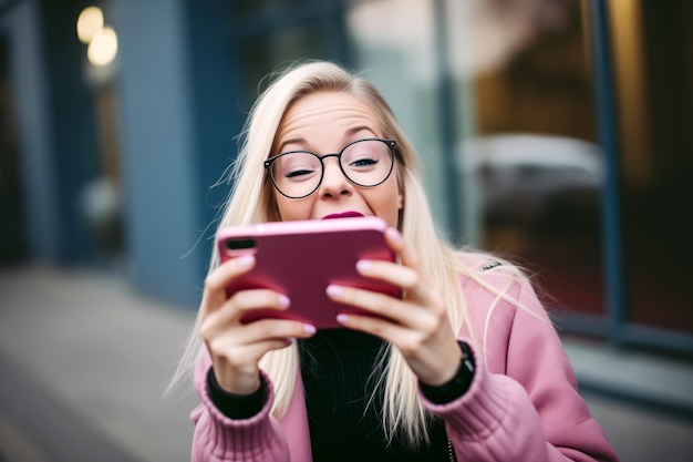 Een speelse blonde vrouw met een bril die een grappig gezicht maakt voor een selfie tegen een stedelijke achtergrond