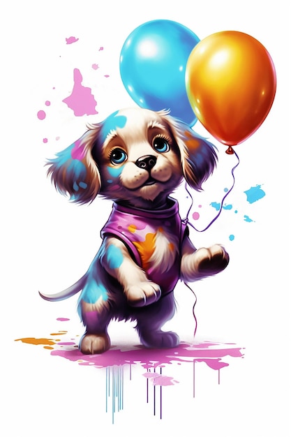 Een speelse cartoon puppy staat op zijn achterpoten met ballonnen