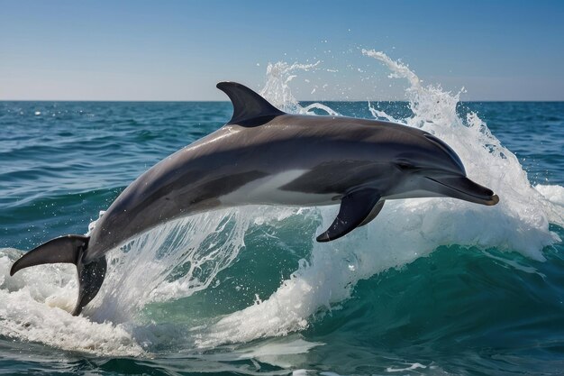 Een speelse dolfijn springt uit de golven.