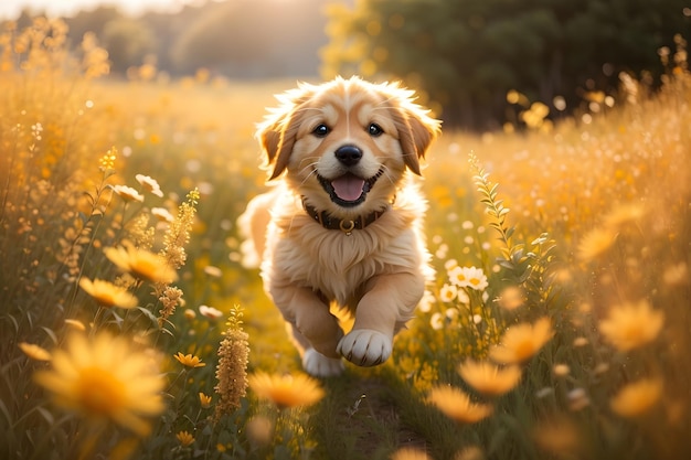 Een speelse Golden Retriever puppy die door een weide van wilde bloemen loopt