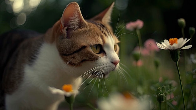 Een speelse kat die een vlinder achterna zit in een tuin vol bloemen Genereer Ai