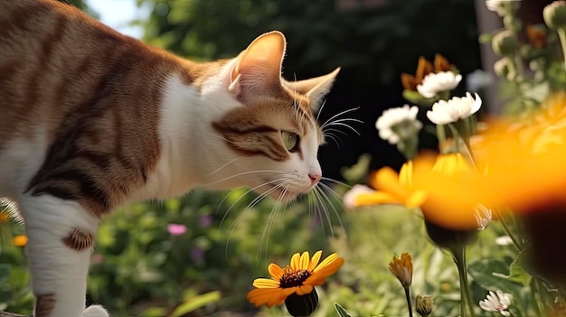 Een speelse kat die een vlinder achterna zit in een tuin vol bloemen Genereert Ai