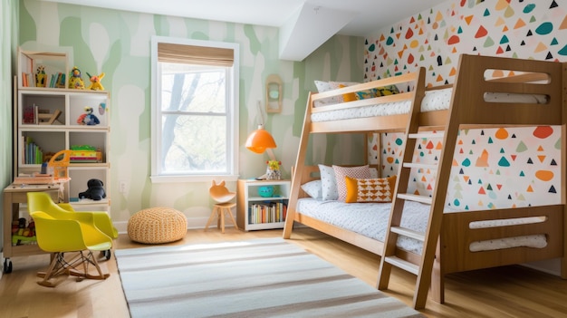 Foto een speelse kinderkamer met een kleurrijke behang accent muur een houten stapelbed met een ladder