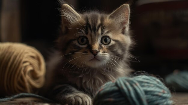 Een speelse kitten met grote ronde ogen en een bolletje garen om te spelen met AI gegenereerd