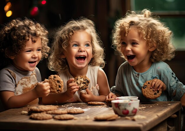 Een speelse opname van kinderen die genieten van havermoutkoekjes