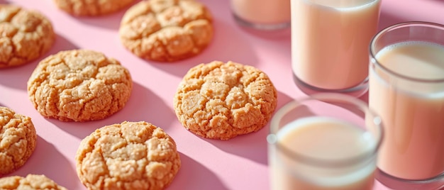 Een speelse opstelling van grillige koekjes en melk tegen een levendige achtergrond, verlicht met helder, vrolijk licht Een overheadfoto die creativiteit en zoet plezier viert