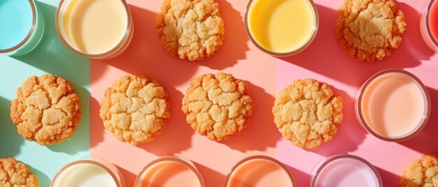 Een speelse opstelling van grillige koekjes en melk tegen een levendige achtergrond, verlicht met helder, vrolijk licht Een overheadfoto die creativiteit en zoet plezier viert