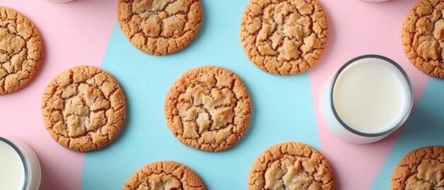 Foto een speelse opstelling van grillige koekjes en melk tegen een levendige achtergrond, verlicht met helder, vrolijk licht een overheadfoto die creativiteit en zoet plezier viert