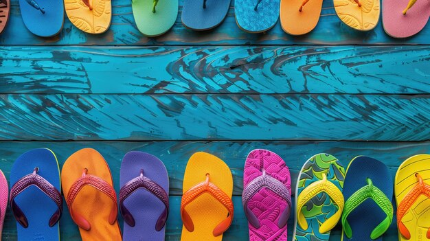 Een speelse opstelling van veelkleurige flip-flops netjes gerangschikt op een gestructureerd blauw houten oppervlak