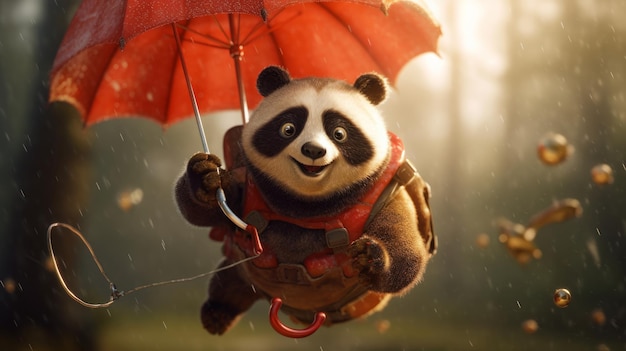 Een speelse panda met een door AI gegenereerde parachute
