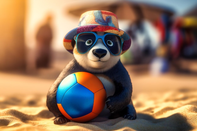 Een speelse panda met een zomerhoed en een zonnebril die met een strandbal op een zandstrand speelt en er schattig uitziet