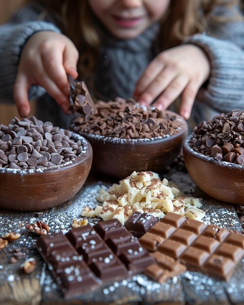 Foto een speelse scène van kinderen die chocolade schors behang maken