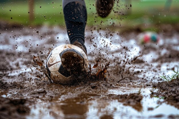 Foto een speler in actie die een voetbal schopt op een modderig veld een speler die schoppen beoefent op een mudderig veld