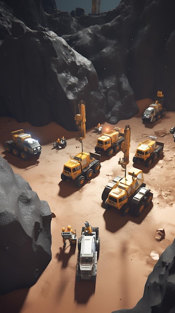 Foto een spelletje minecraft-voertuigen bevindt zich op een donkere woestijnvloer.