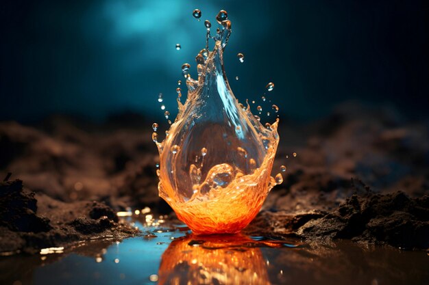 Foto een spetter water dat oranje is met de blauwe achtergrond