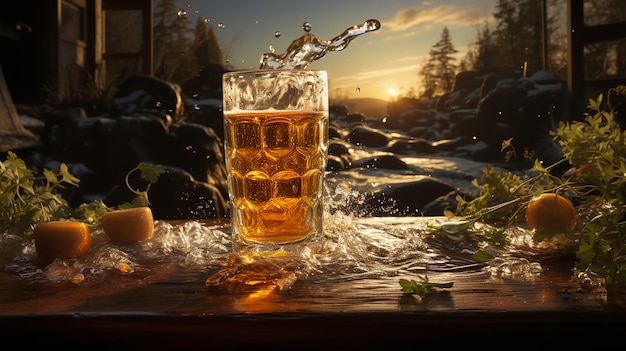 Een spetterend pint bier met uitzicht op een waterval