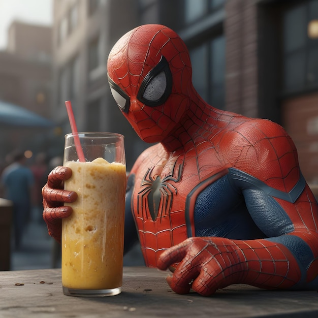 een spiderman zit naast een glas sinaasappelsap