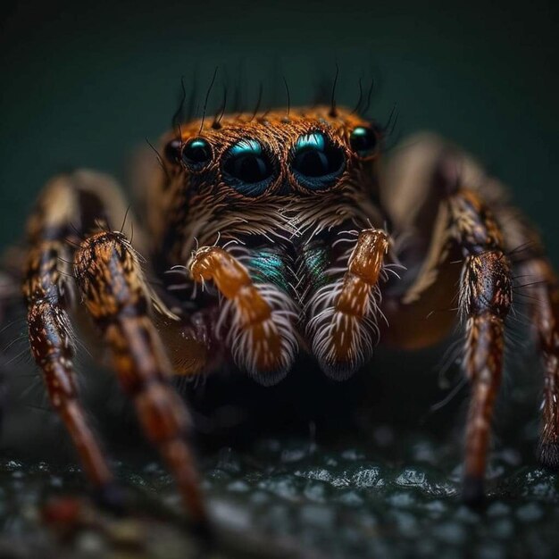 Een spin met blauwe ogen wordt gefotografeerd in een donkere kamer.