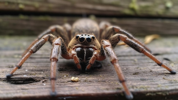 Een spin met een grote kop en grote ogen zit op een houten ondergrond.